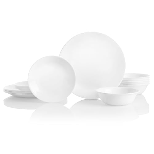Corelle Vitrelle 18-Piece Service for 6 Dinnerware Set Triple Layer Glass and Chip Resistant. Lightweight Round Plates and Bowls Set. Winter Frost White