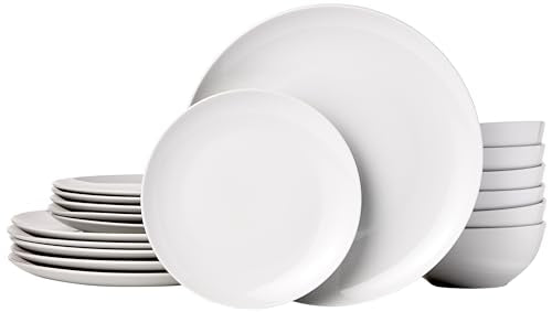 Amazon Basics Dinnerware Set. Microwave and Dishwasher Safe. Service for 6. 18-Piece Complete Kitchen. Plates. Dishes. Bowls. White Porcelain Coupe