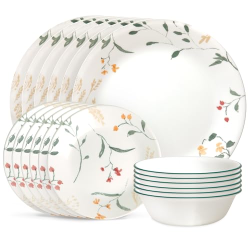 Corelle Vitrelle 18 Piece Glass Dinnerware Sets Service for 6. Triple Layer Chip & Crack Resistant Glass Plate and Bowl Sets. Wildflower