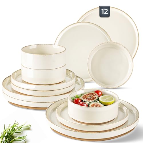 AmorArc Ceramic Dinnerware Sets for 4. 12 Pieces Handpainted Plates and Bowls Set with Rustic Terracotta Underside. Scratch Resistant Stoneware Dishes Set. Dishwasher & Microwave Safe