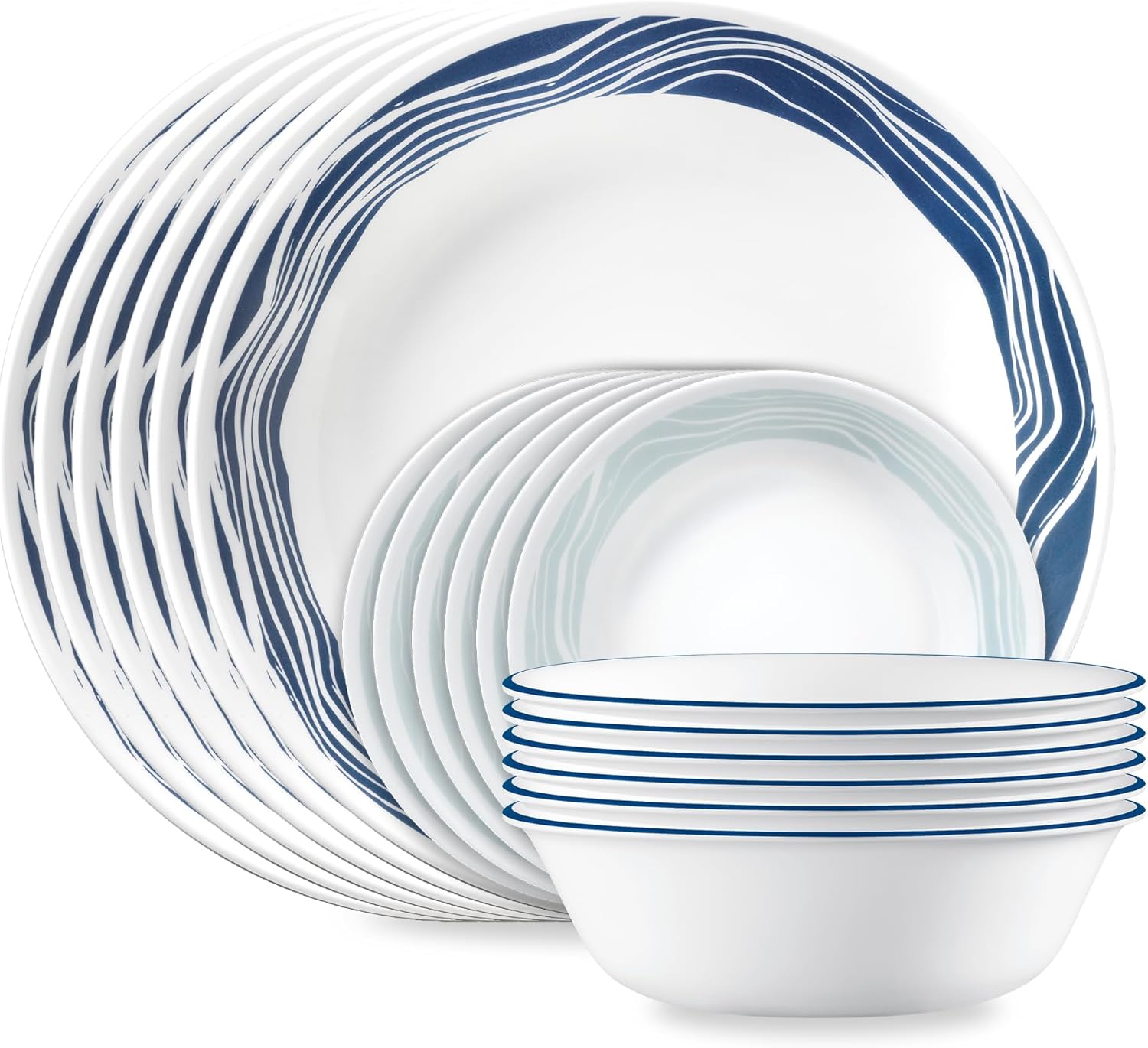 Corelle Vitrelle 18-Piece Service for 6 Dinnerware Set Triple Layer Glass and Chip Resistant. Lightweight Round Plates and Bowls Set. Winter Frost White