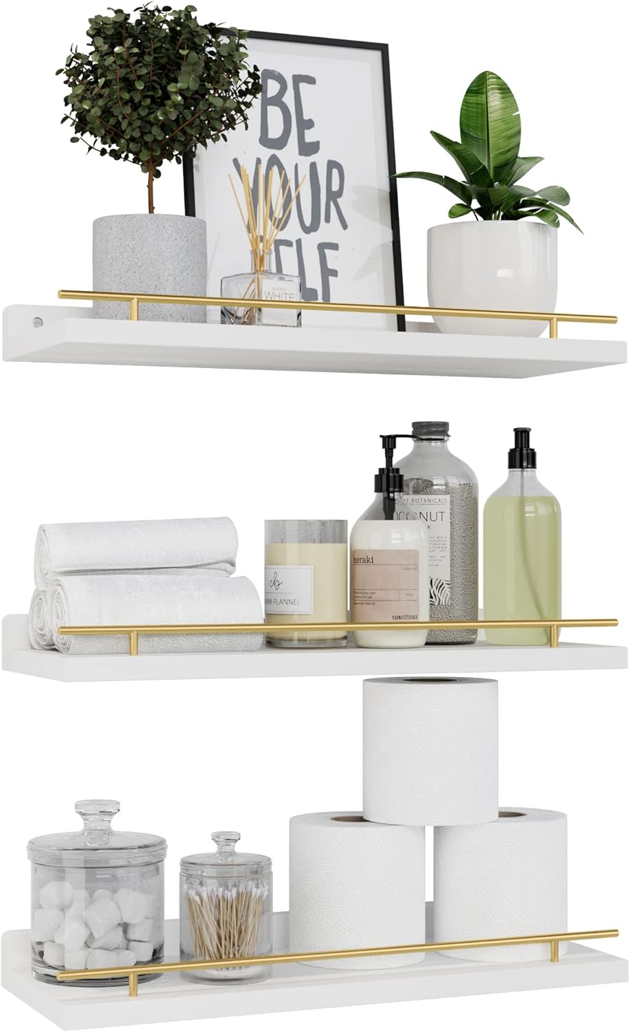 WOPITUES Floating Shelves with Gold Metal Guardrail. Shelves for Wall Decor Set of 3. Wall Shelves for Bedroom. Bathroom. Kitchen. Living Room. Plants. Picture Frames. Art- White and Gold